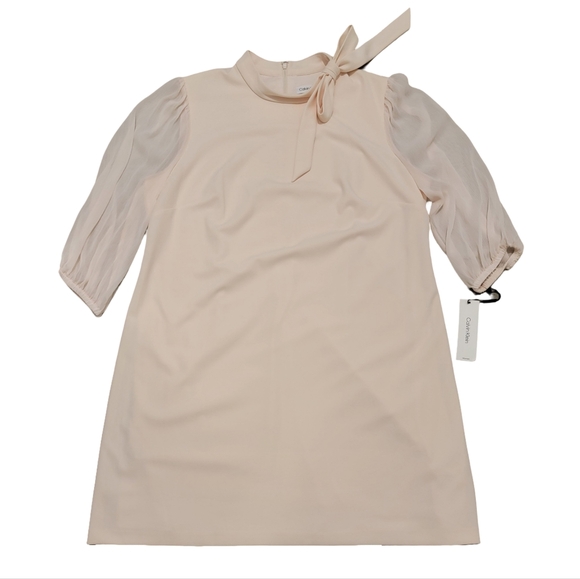 Calvin Klein Size 18W Light Pale Pink Mini Midi Dress Bow Detail Sheer Sleeves - Picture 2 of 11